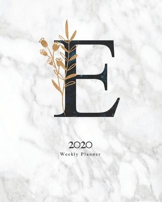 2020 Weekly Planner: Black & Blue Abstract Monogram Planner With Letter E on Luxury Gray Marble