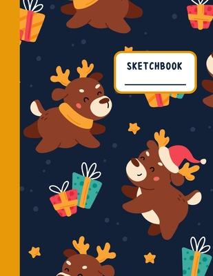 Sketchbook: A Christmas Themed Large Notebook with 120 Blank Pages, Cartoon Xmas and Winter Images Inside (Cute Reindeer Cover for