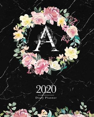 2020 Diary Planner: Dark 8x10 Planner Watercolor Flowers Monogram Letter A on Black Marble