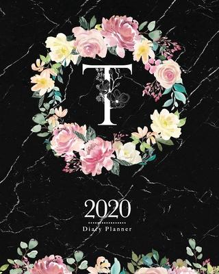 2020 Diary Planner: Dark 8x10 Planner Watercolor Flowers Monogram Letter T on Black Marble