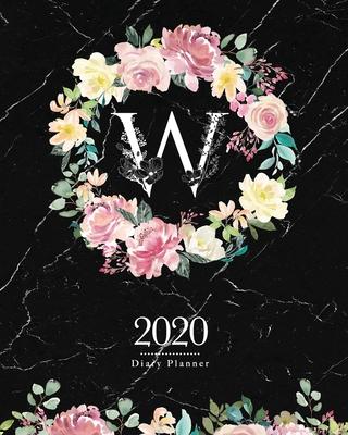 2020 Diary Planner: Dark 8x10 Planner Watercolor Flowers Monogram Letter W on Black Marble