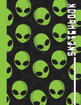 Sketchbook: Cool Blank Notebook for Sketching and Picture Space with Green Alien Faces, Unlined Paper Book for Drawing, Journaling