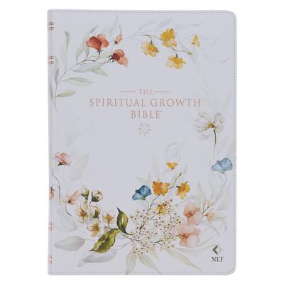 The Spiritual Growth Bible, Study Bible, NLT - New Living Translation Holy Bible, Faux Leather, White Printed Floral