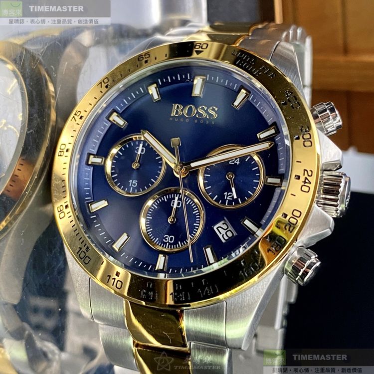 博客來-BOSS伯斯精品錶,編號：HB1513767,42mm圓形金色精鋼錶殼寶藍色錶盤精鋼金銀相間錶帶